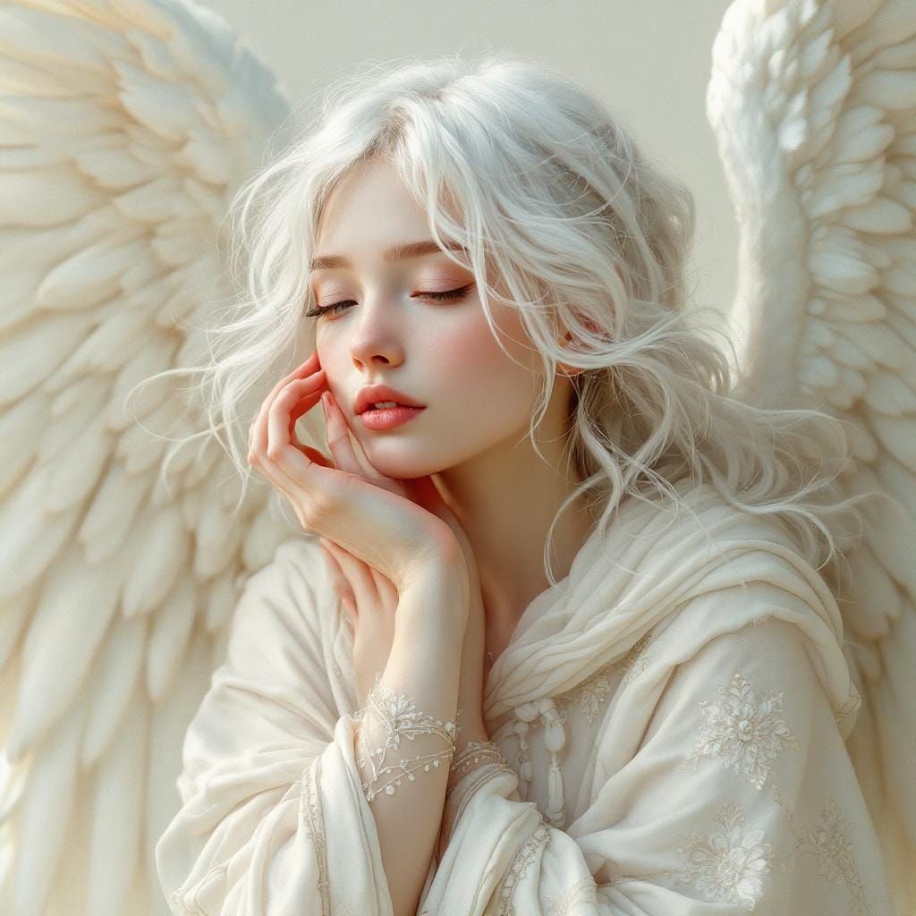 Elegant Angel with White Hair in Art Nouveau Style