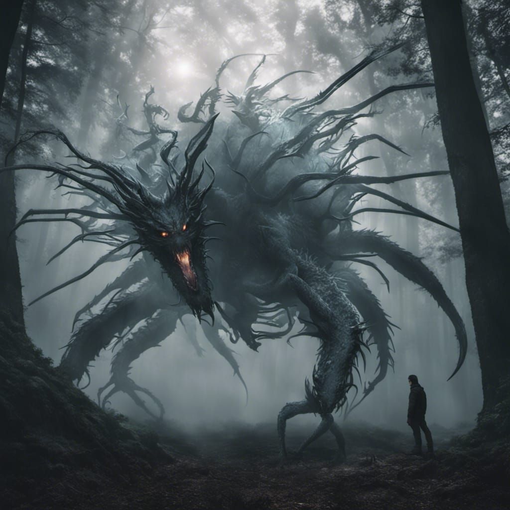 a giant glass translucent monster hybrid of dragon and spider, in dark dense foggy forest