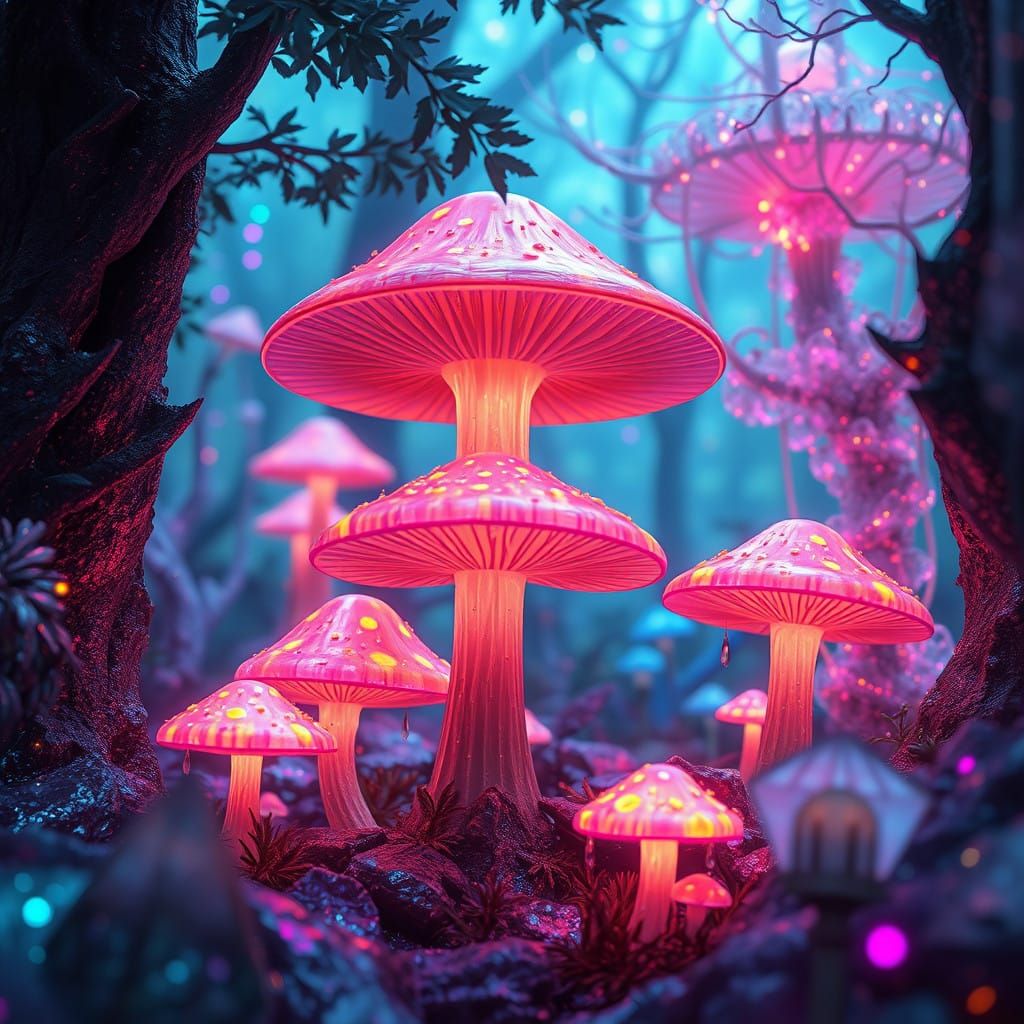 Enchanted Crystal Forest Radiates Glowing Mystical Mushrooms