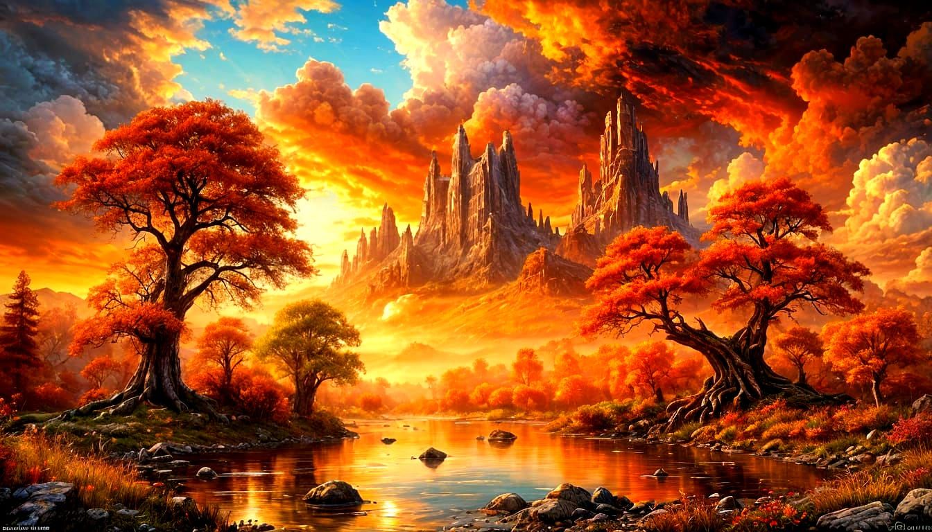 Epic Brown Oil Painting Landscape of a River at Sunset