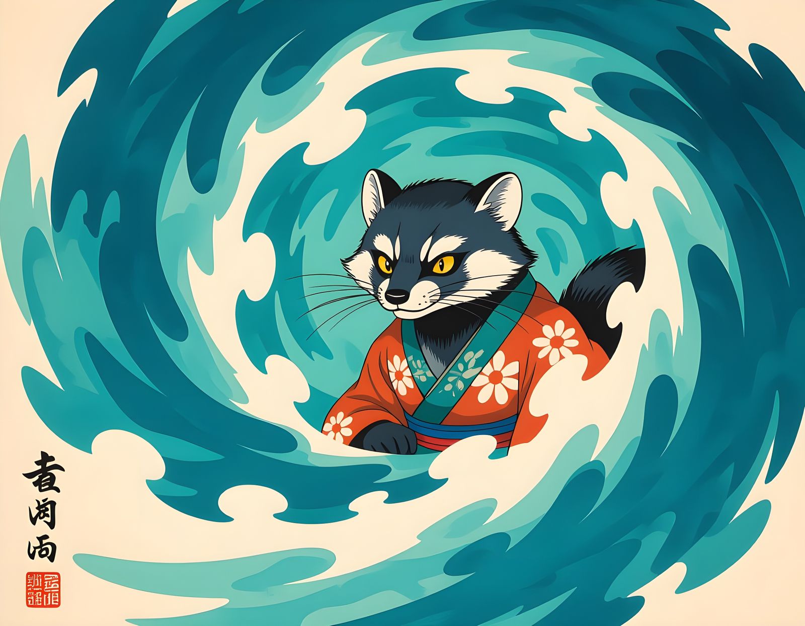 Kamaitachi Weasel in Sumi-e Ink Painting