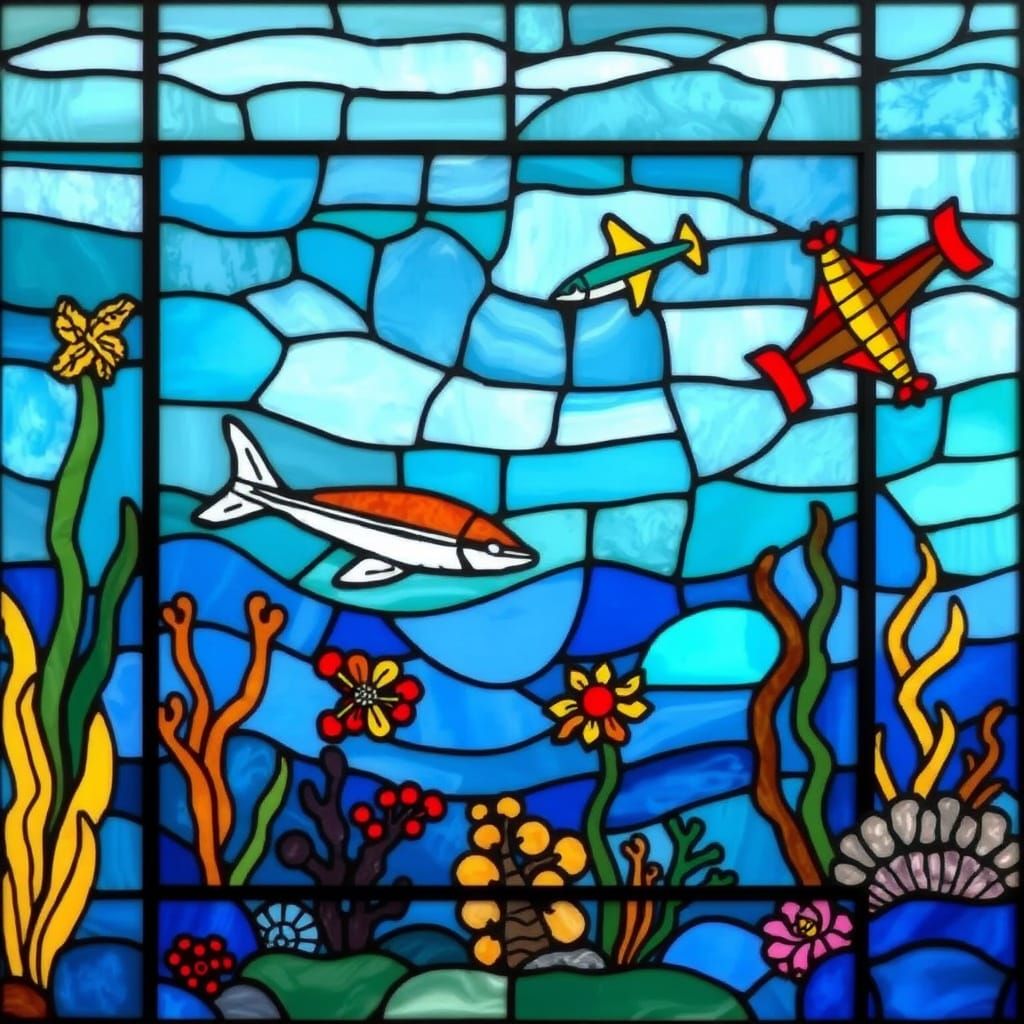 Stained Glass Sea Mural with Sea Creatures