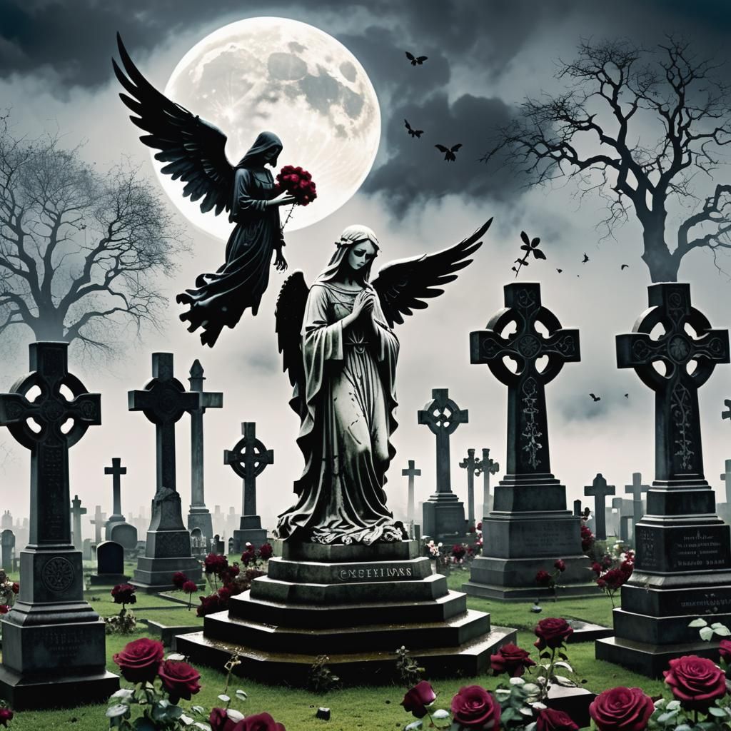 Eerie Cemetery with Gothic Angel in Charcoal Style