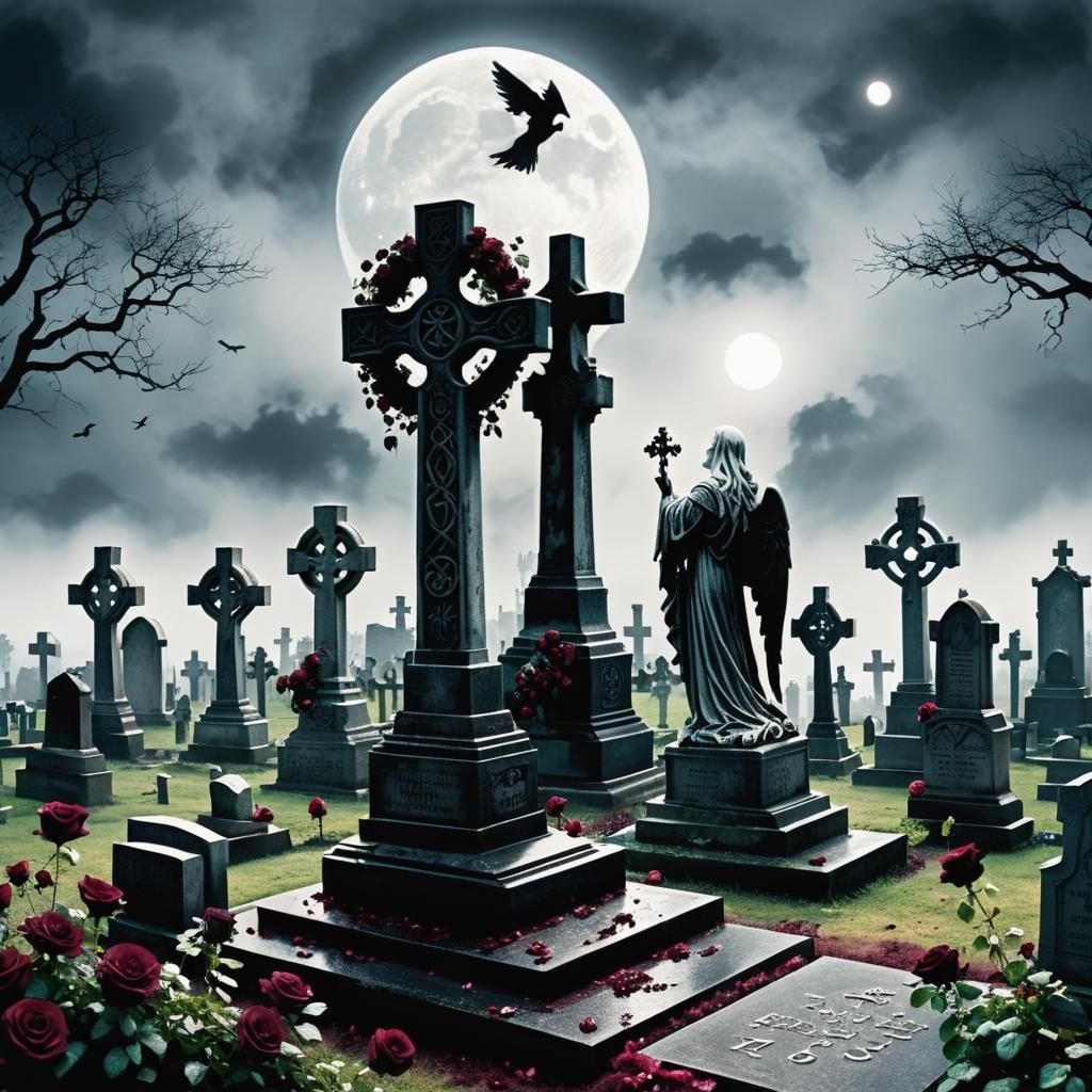 Eerie Cemetery Scene with Gothic Angel in Charcoal