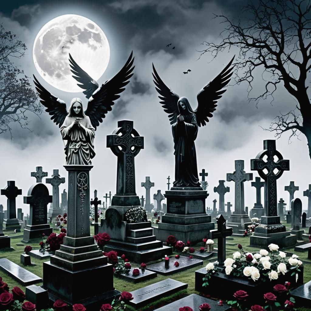 Eerie Cemetery with Gothic Angel in Charcoal Style