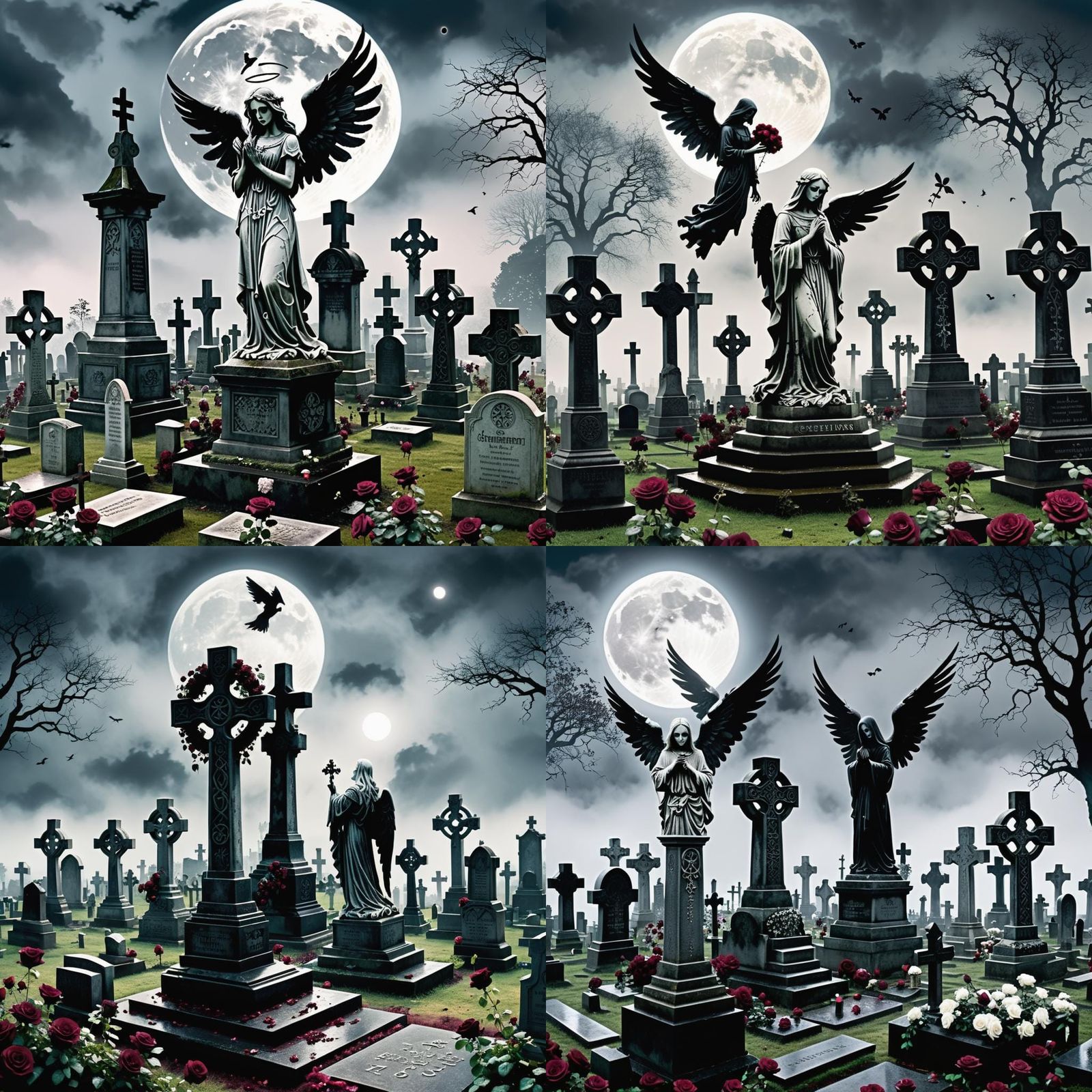 Eerie Cemetery with Gothic Angel and Weeping Woman