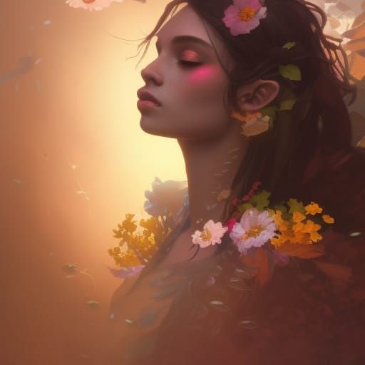 Dark Elf in Flowers, Detailed Fantasy Portrait