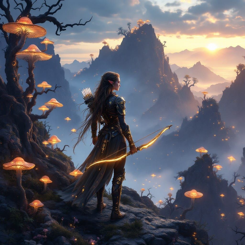 Elven Archer on Misty Mountain in Matte Painting Style