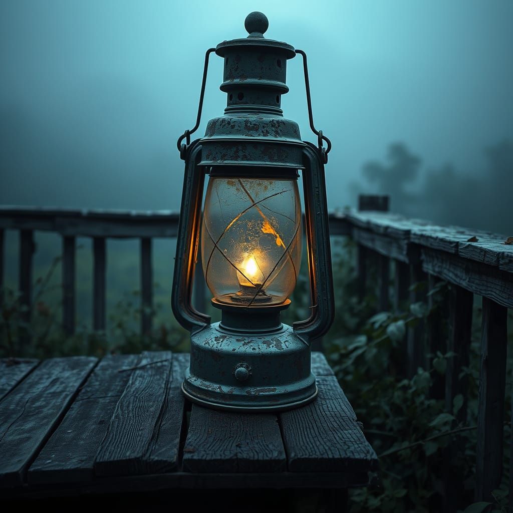 Eerie Glow of Solitary Lantern in Mystical Realism