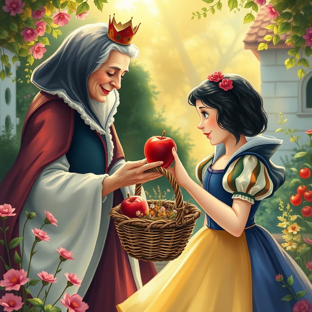 Whimsical Queen Offers Innocent Snow White a Tempting Apple