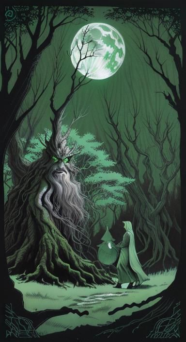 Ent in Middle Earth Forest: Comic Book Illustration