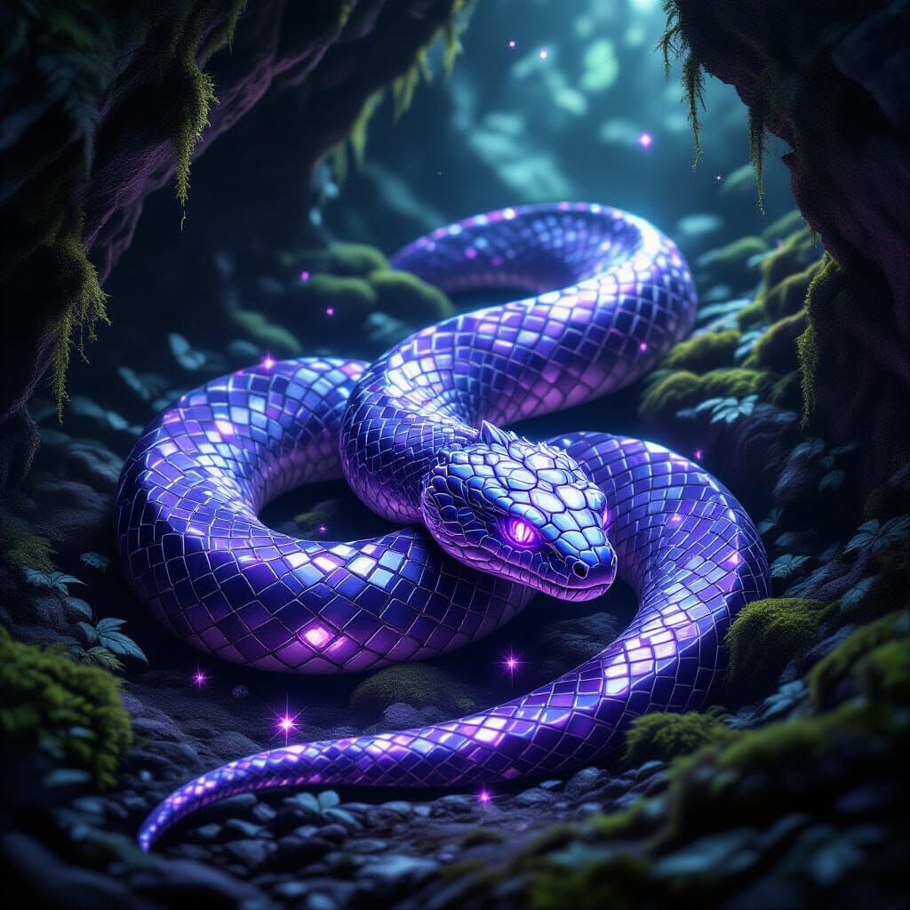 Amethyst Crystal Serpent in Dark Cave
