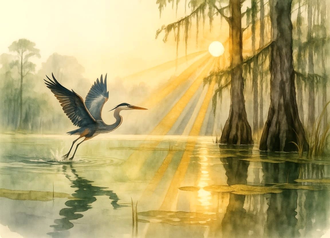 Great Blue Heron Rises from Swamp into Cypress Trees in Wate...