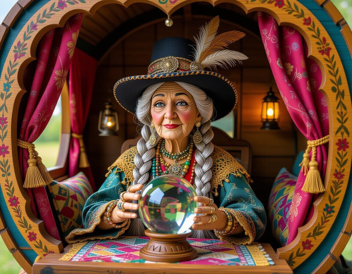 Wooden Carving of a Gypsy Woman Gazing into Crystal Ball