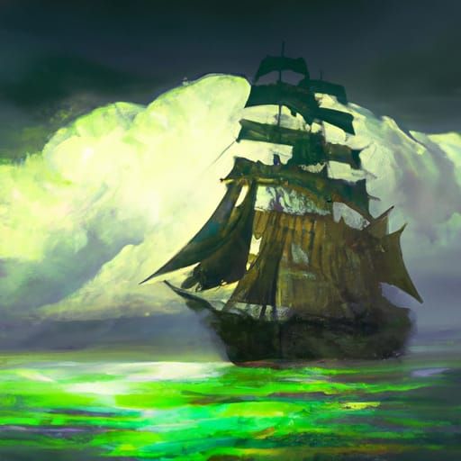 Ghost Ship Sails Through Luminous Green Clouds