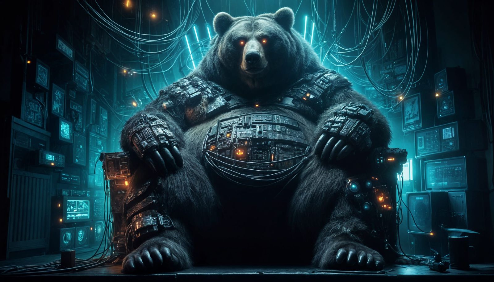 Cyborg Bear on Throne in Dark Fantasy Style
