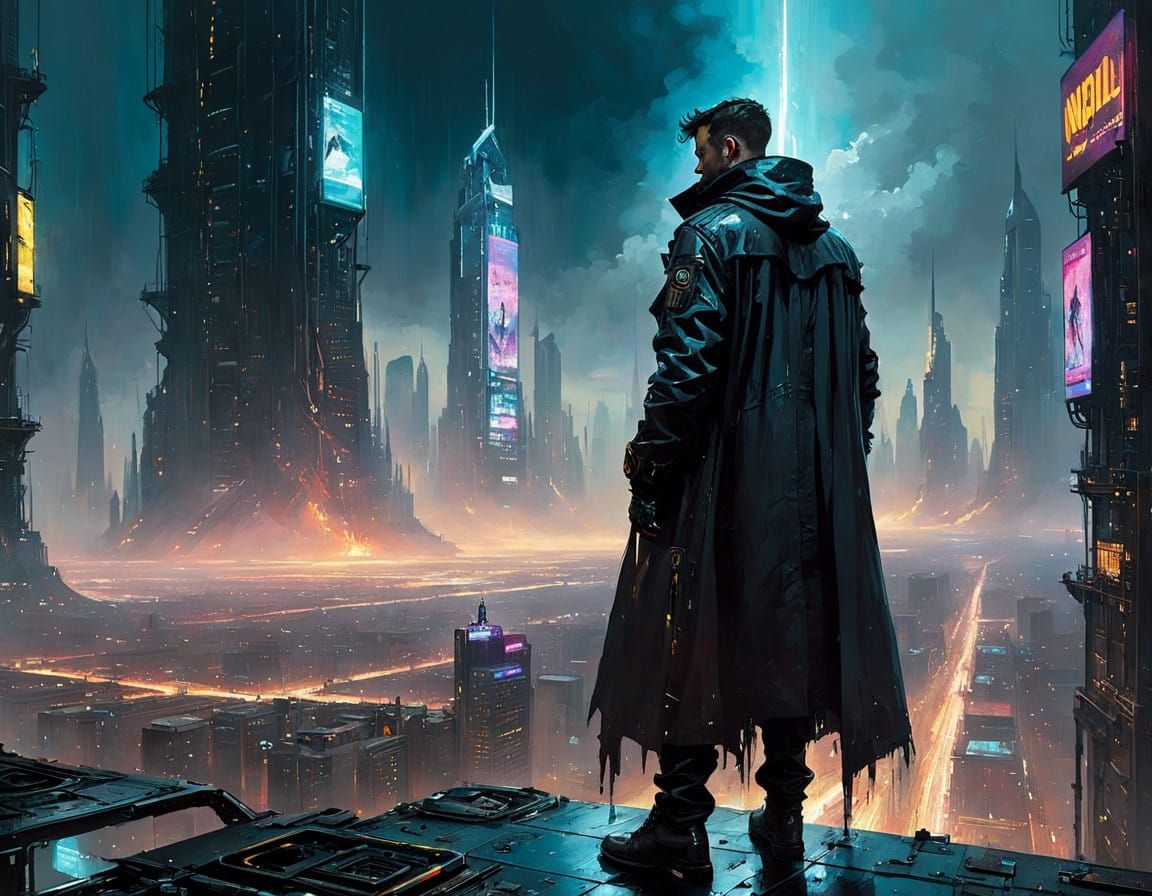 Cyberpunk Android at Dystopian Metropolis Edge