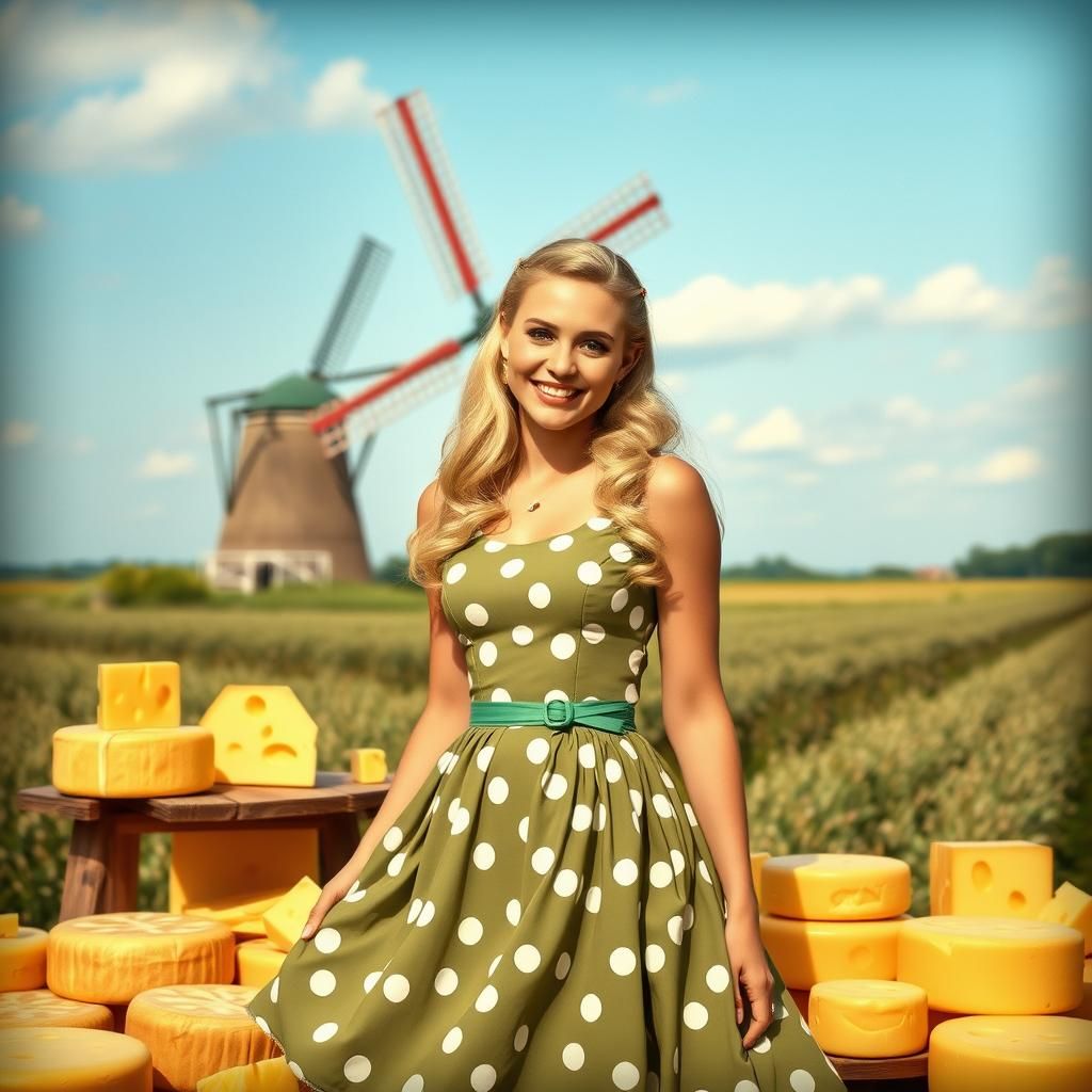 Dutch Pinup Girl Surrounded by Cheese and Windmill