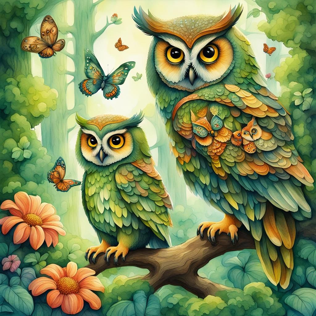 Whimsical Owl Family in Forest Watercolor