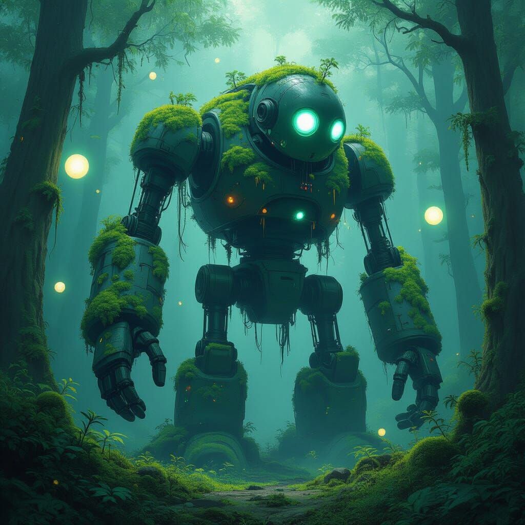 Ancient Automaton in Bioluminescent Forest