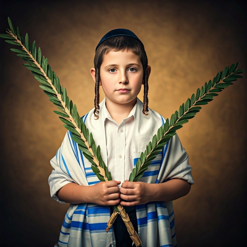 A cute Hasidic boy holding four species