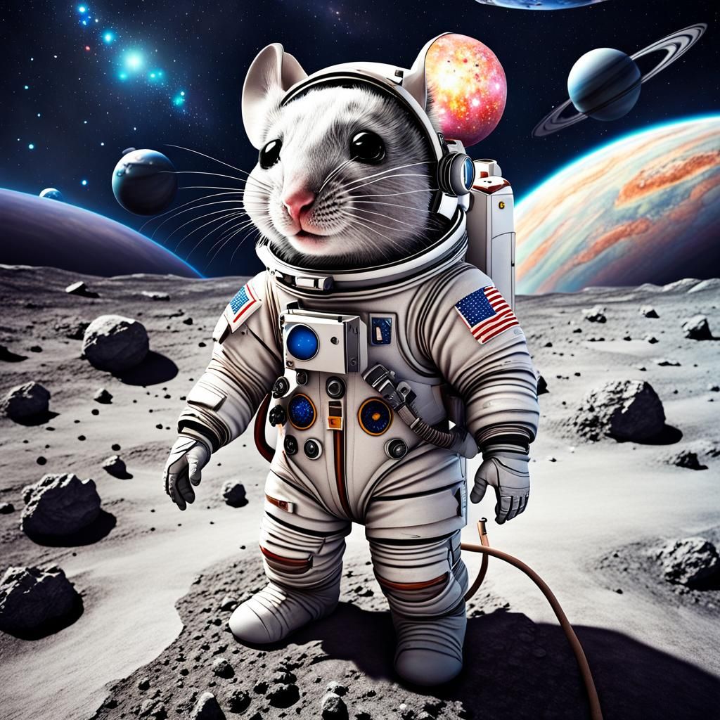 Hyperrealistic Chibi Mouse Astronaut on Moon Surface