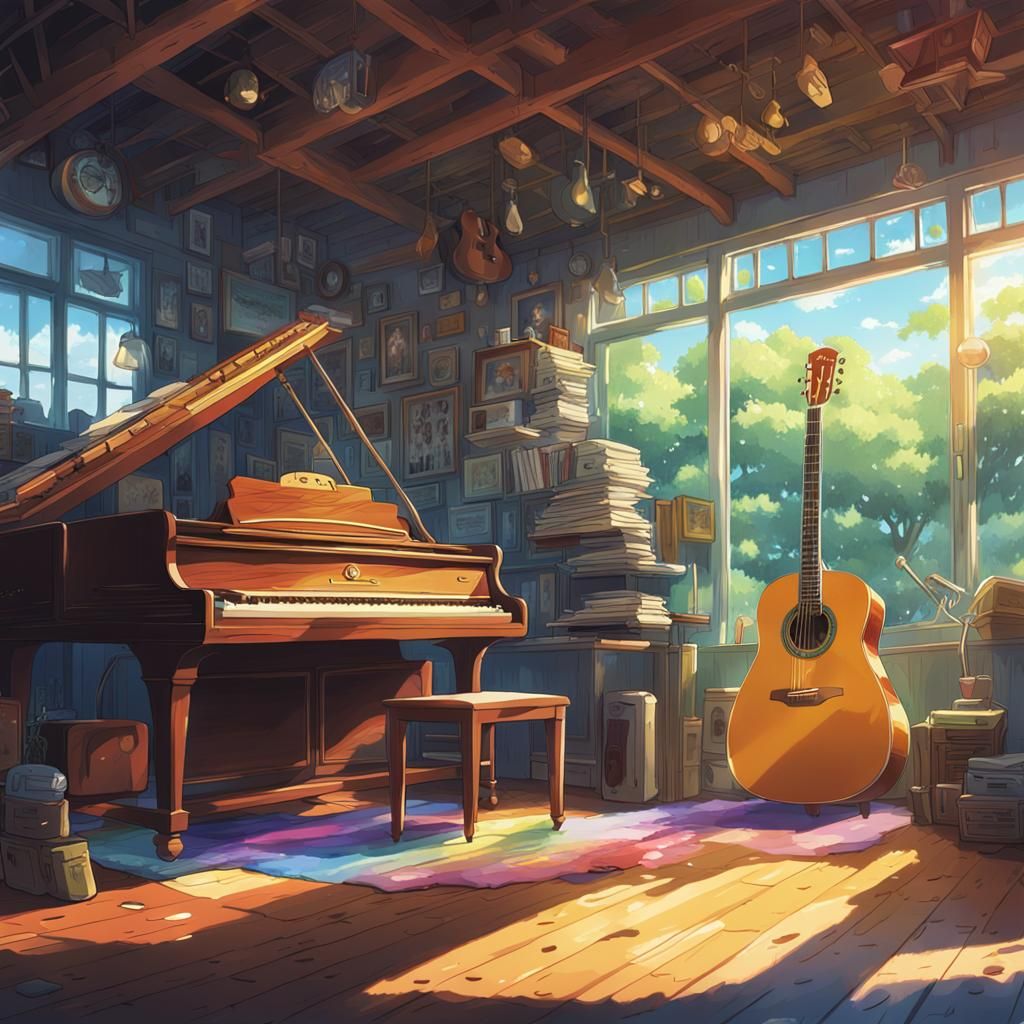 Rainbow Guitar in Studio Ghibli Anime Style