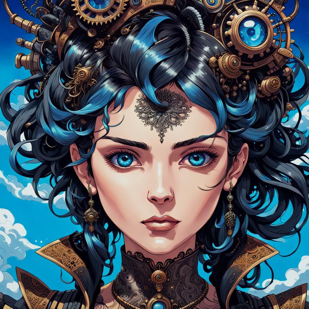 Gorgeous feminine anime woman looking at the camera blue sky...