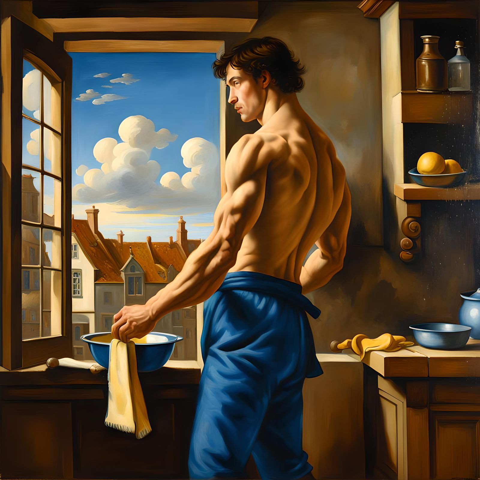 Baroque Style: Man Cleaning Window in Dutch Kitchen