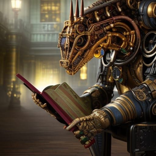 Steampunk Cyborg Dragon Reads in Library