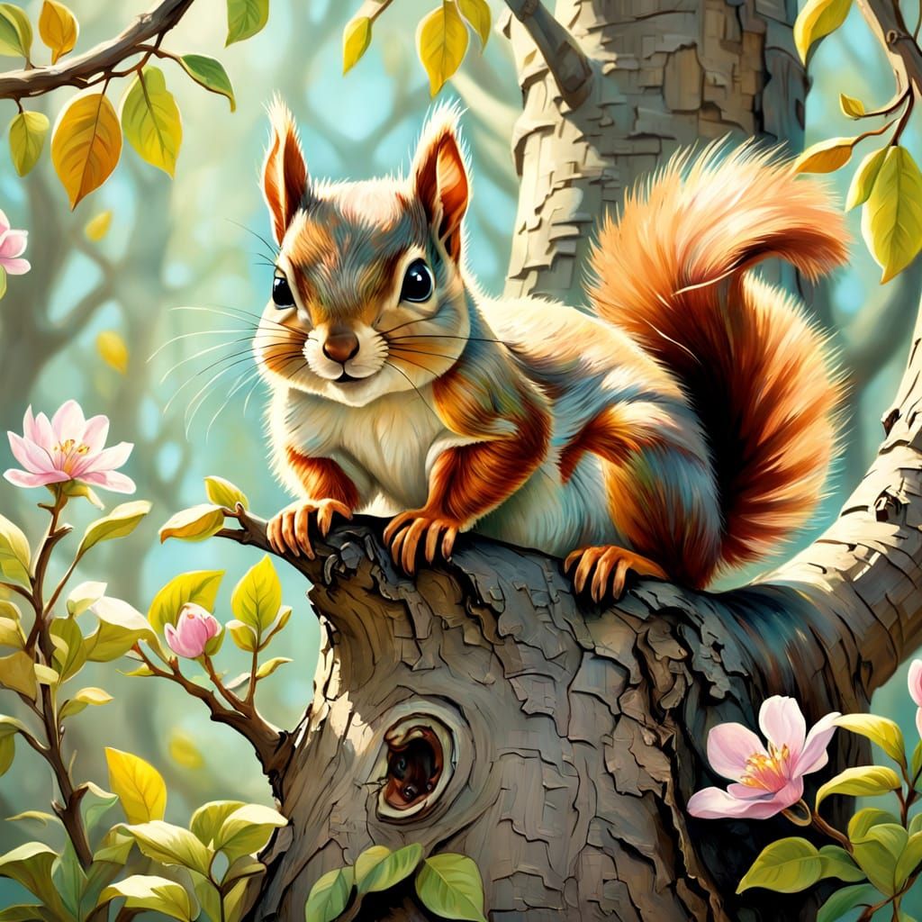 Whimsical Springtime Squirrels in a Vibrant Oil Painting