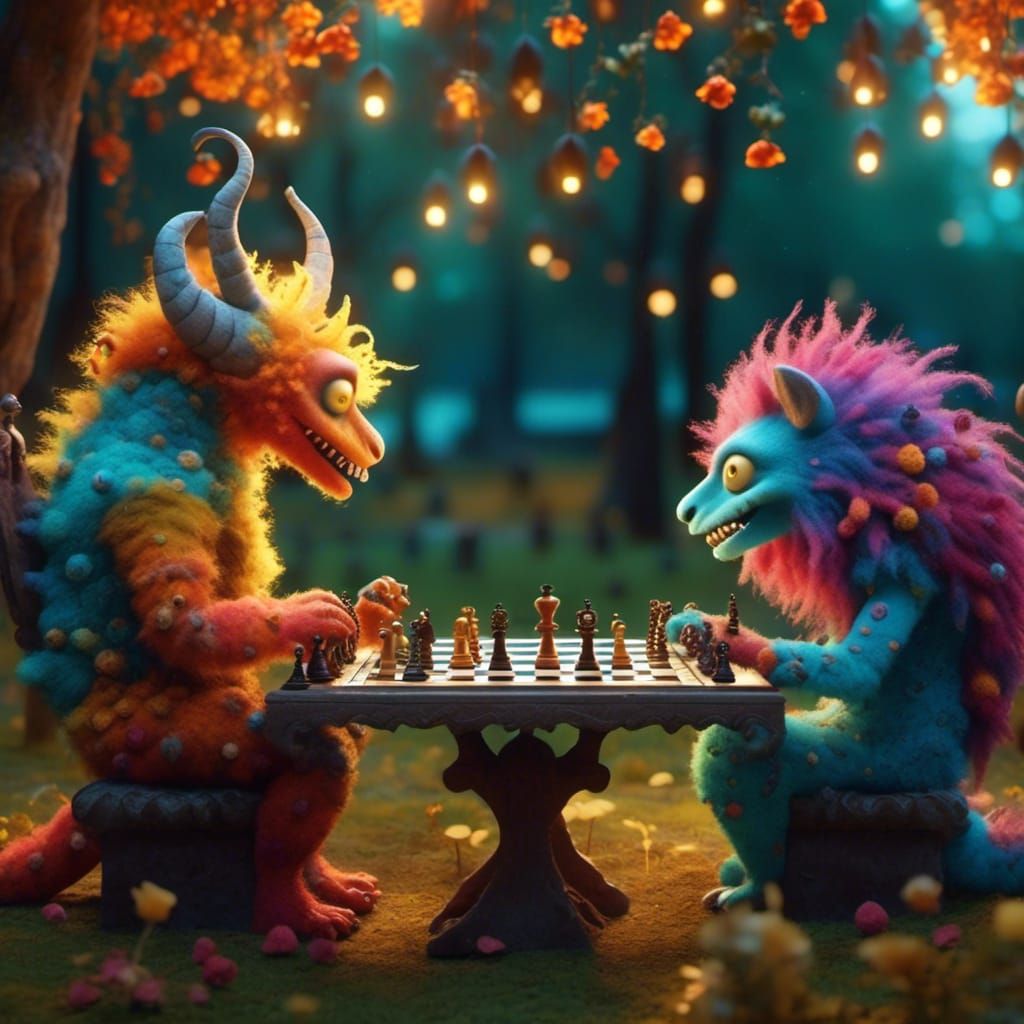 Monsters Play Chess in Park with Volumetric Lighting