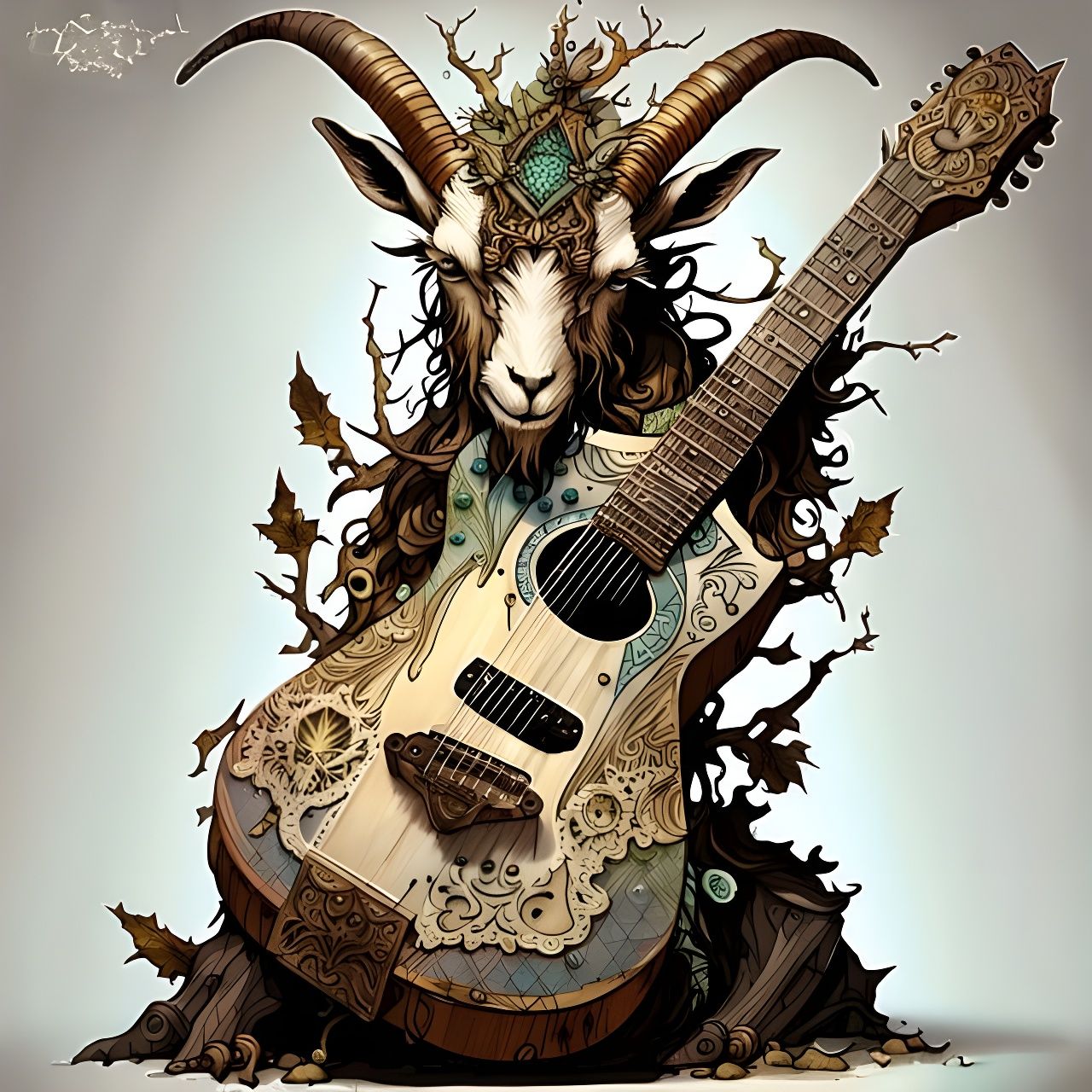 Ornate Electric Horned Goat Guitar in Fantasy Style