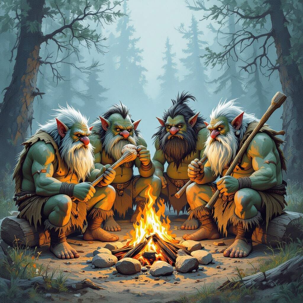 Comic Mountain Trolls Feast in Whimsical Forest