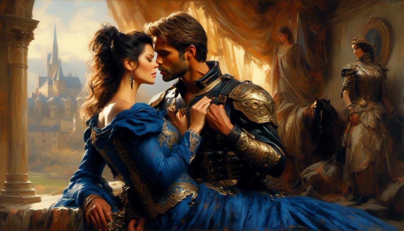 <lora:Romance Book Cover:1.0> , CATHERINE ZETA JONES BEAUTIFUL BRUNETTE LADY IN INDIGO BROCADED GOWN LOVINGLY KISSES BLO...