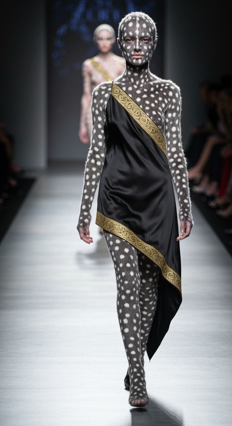 Fashion Model in Black Silk Dress with Furry Skin