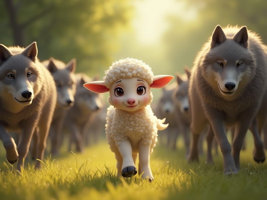 Cartoon Lamb Among Wolves in Dreamlike Style
