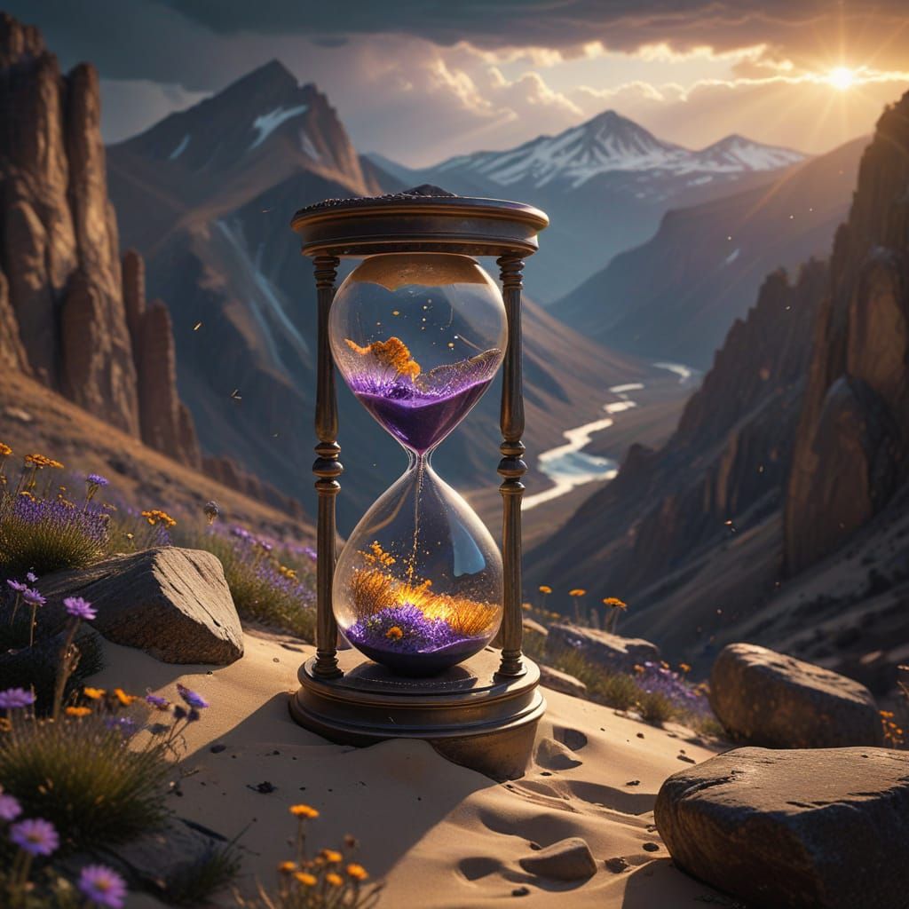 Ethereal Hourglass Amidst a Rocky Mountain Landscape in a Ci...