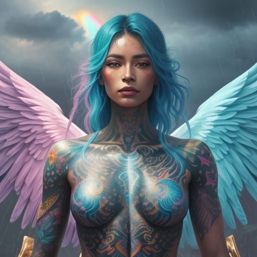 Tattooed Angel Woman on Rainy Land in Dreamy Digital Art