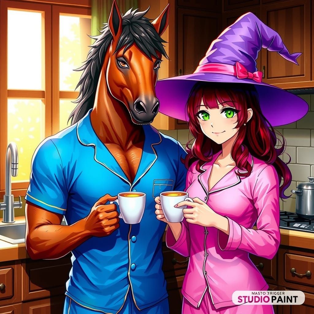 Majestic Human-Horse Hybrid in Morning Kitchen