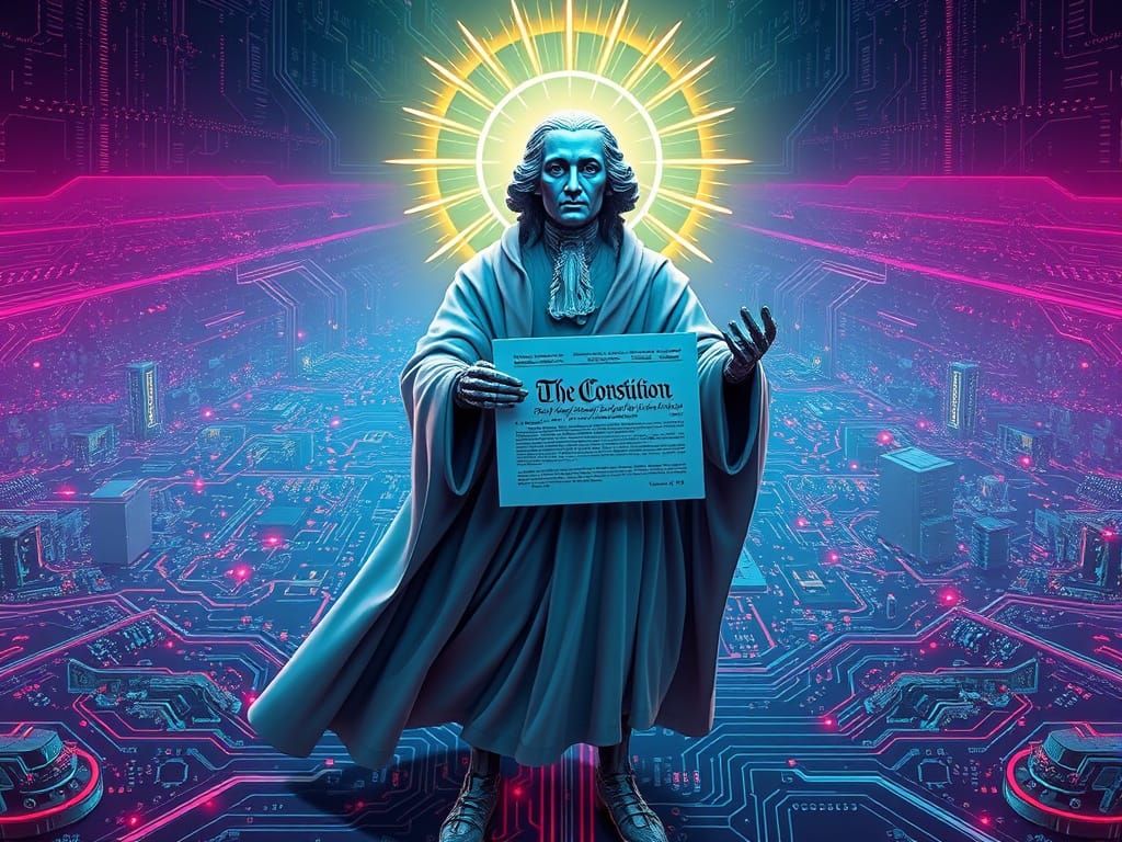 Jesus Washington Cyborg Savior with Holographic Constitution