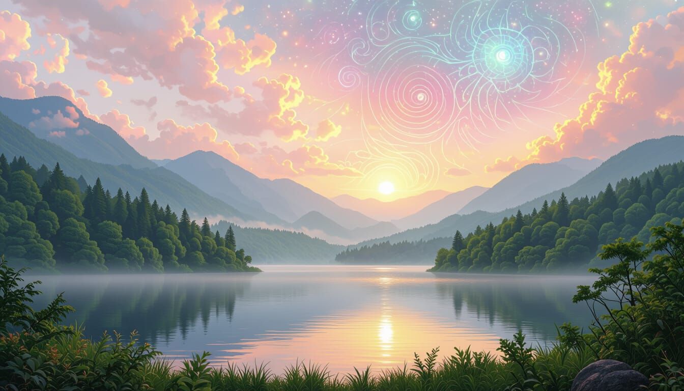 Misty Dawn Landscape in Vivid Holographic Style