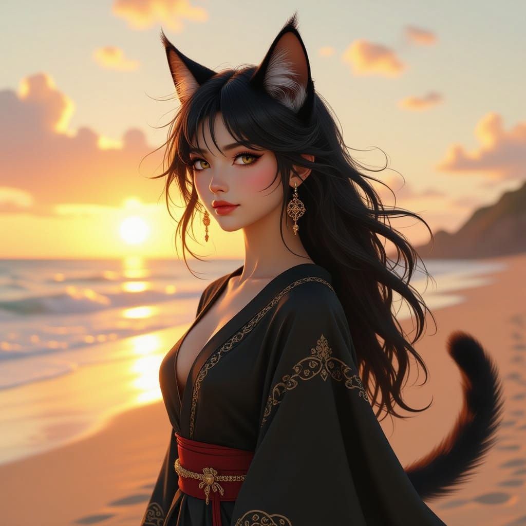 Nekomata Supermodel on Beach at Golden Hour