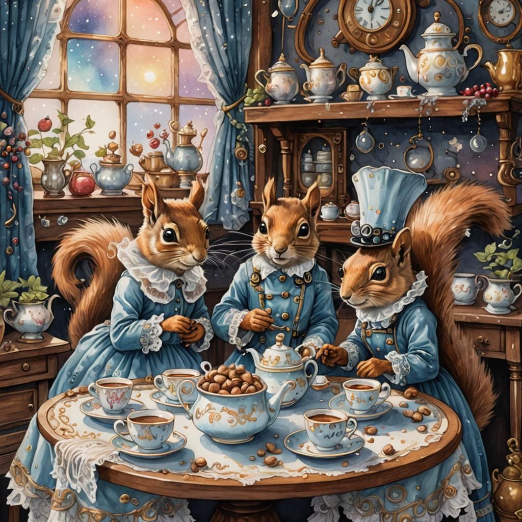 Steampunk Squirrels in Dreamy Watercolor Illustration