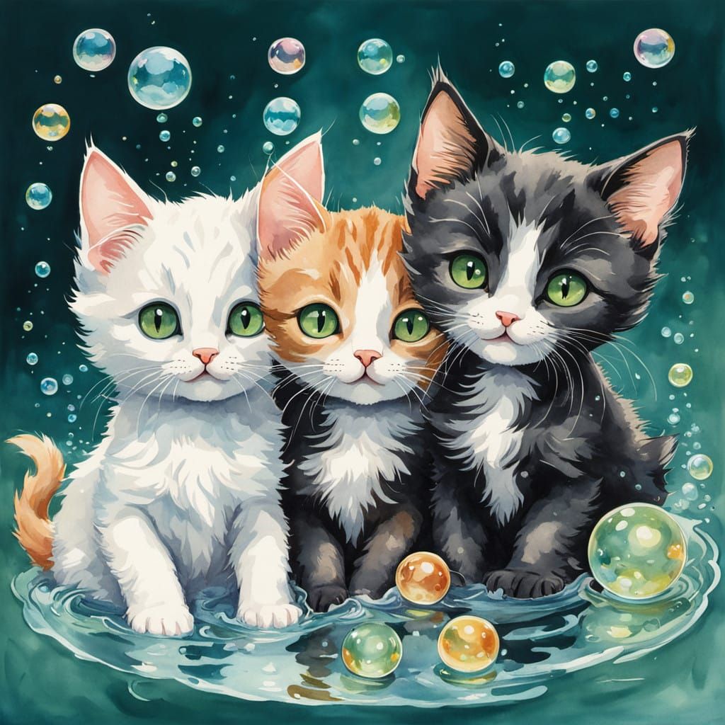 Chibi Kittens in Whimsical Watercolor Wonderland