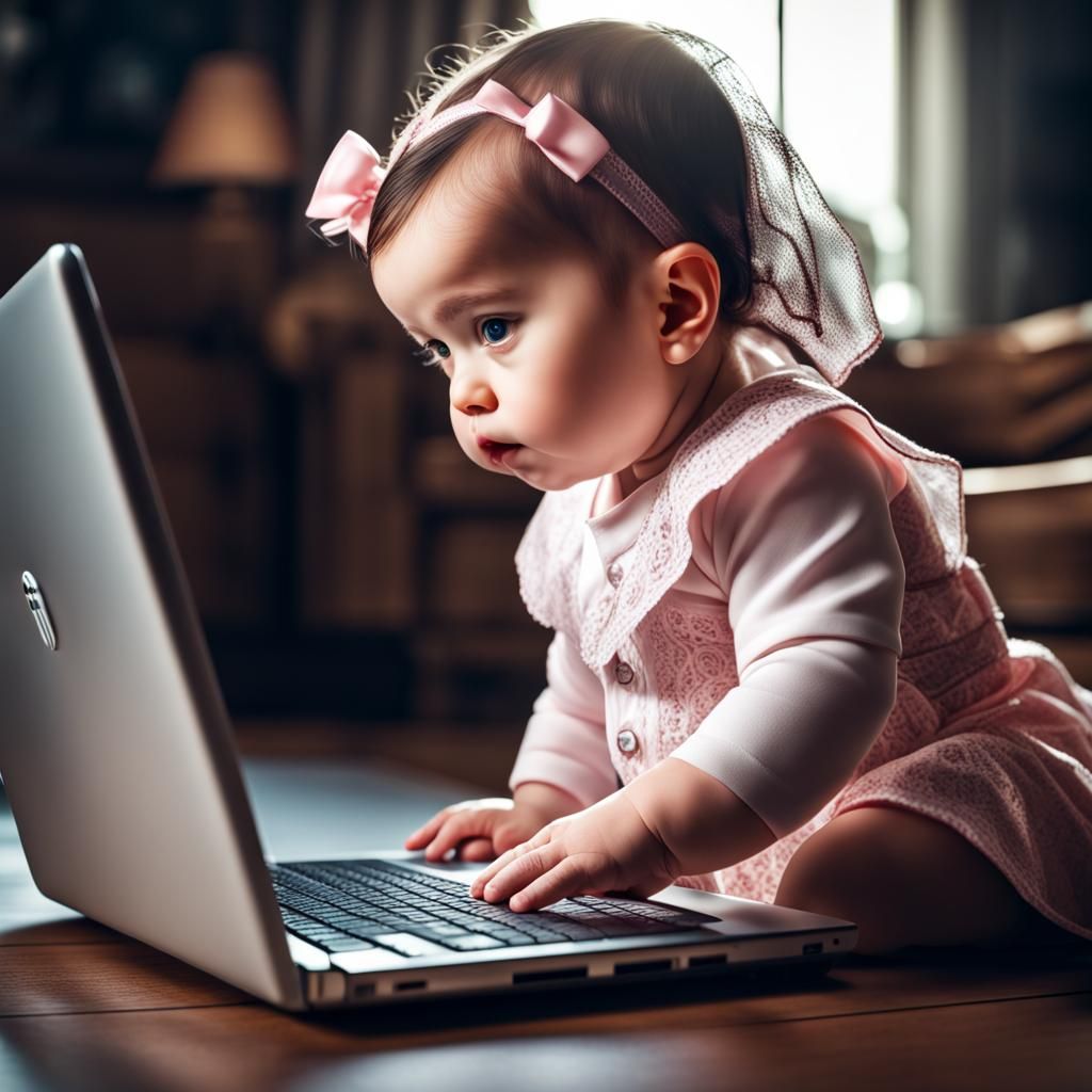 Hyperrealistic Baby Girl with Laptop