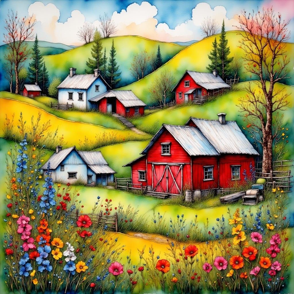 Folk Art Farm Scene with White House and Red Barn