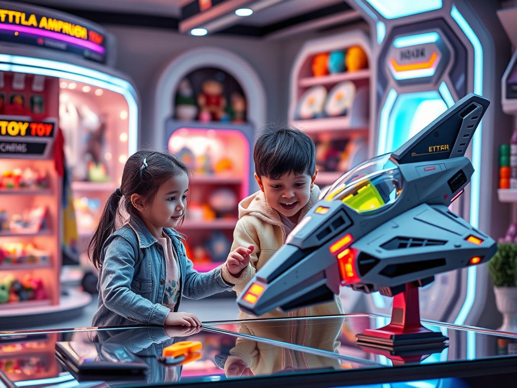 Futuristic Toy Shop with Interactive Dolls and Spaceships