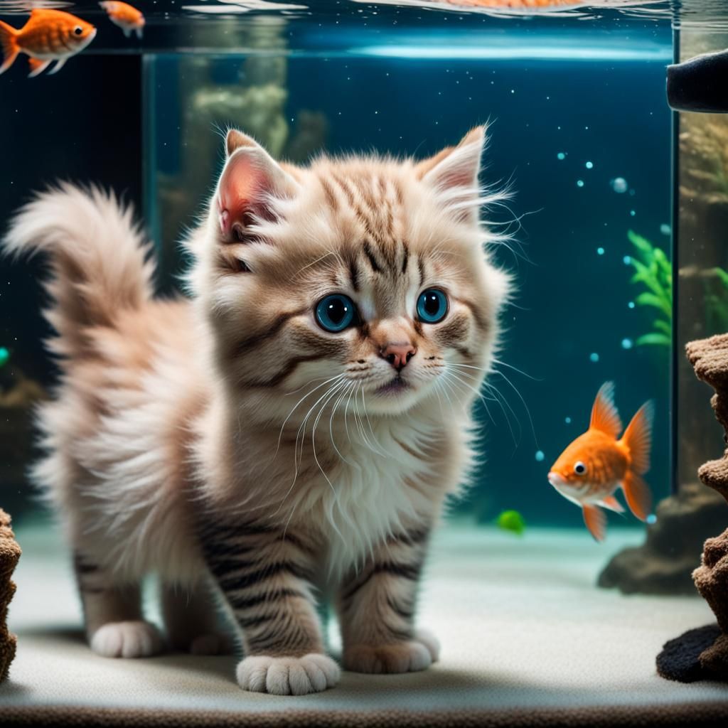 Kitten Gazing at Big Fish in Aquarium