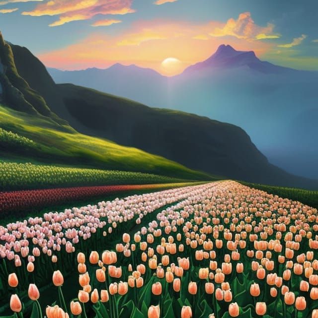 Sunset Over Mountain Tulip Valley: Hyperdetailed Art